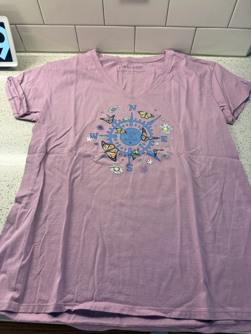 Life Is Good Women’s Lavender Compass & Butterflies V-Neck Tee